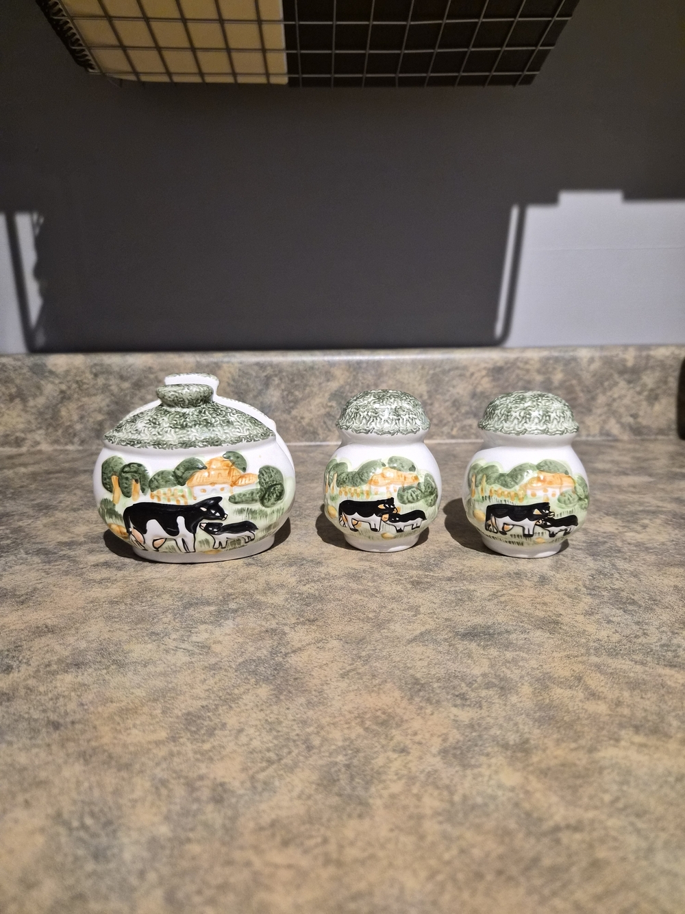 Hand Painted Ceramic Farmhouse Cow Napkin Holder & Salt/pepper Shakers